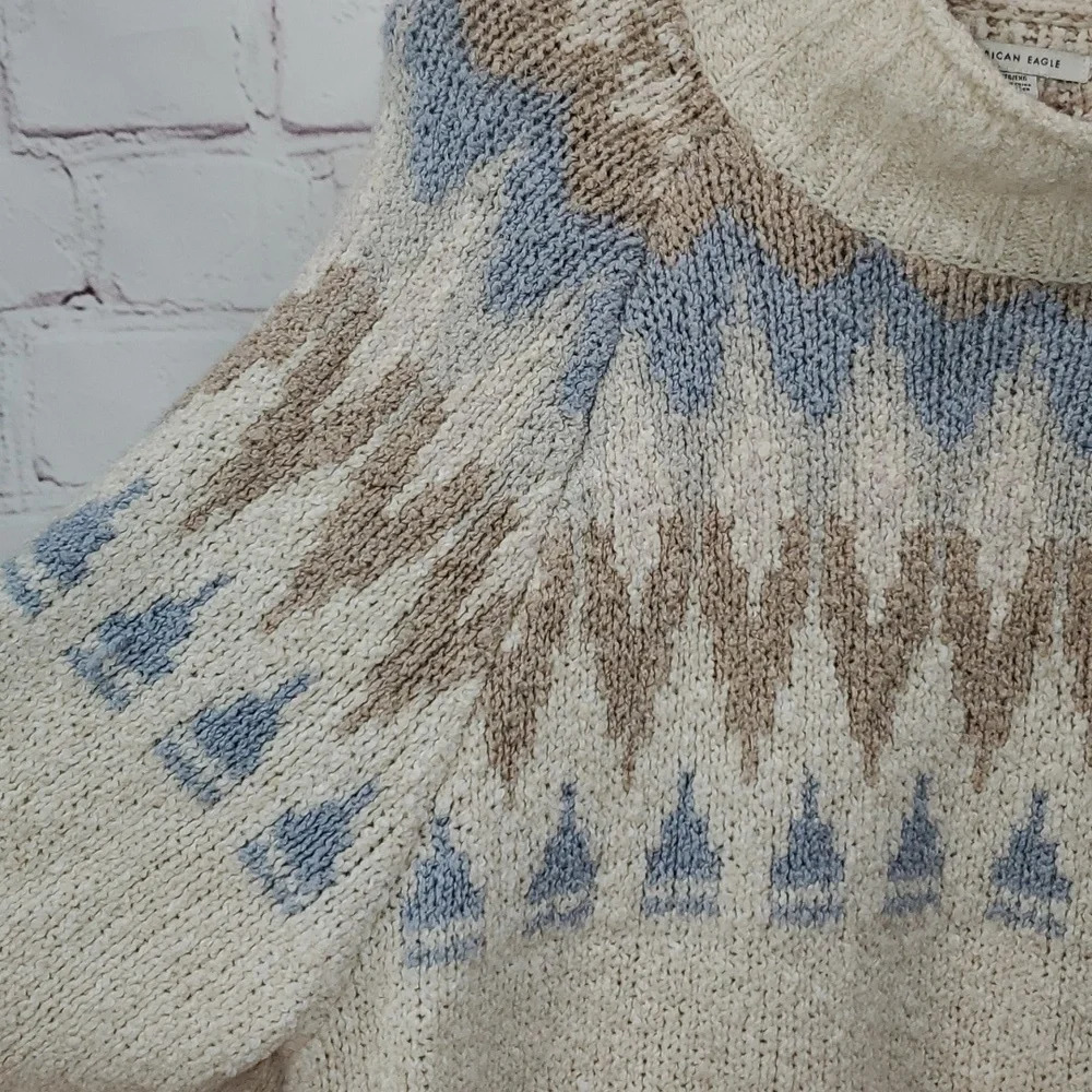 American Eagle Fairisle Cream Blue Mockneck Sweater Women's Size XLarge - Picture 5 of 11